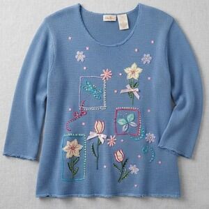 vtg 90s Embroidered 3d sweater xl Floral Butterfly Knit Blue cottagecore grandma